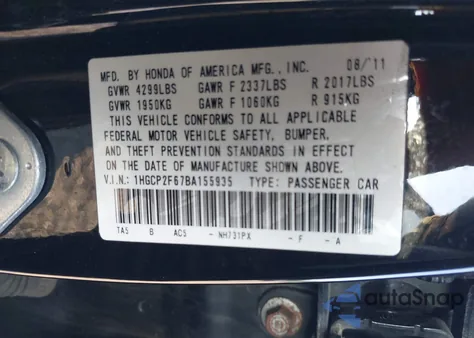 2011 Honda Accord Se from USA, damaged, VIN 1HGCP2F67BA155935